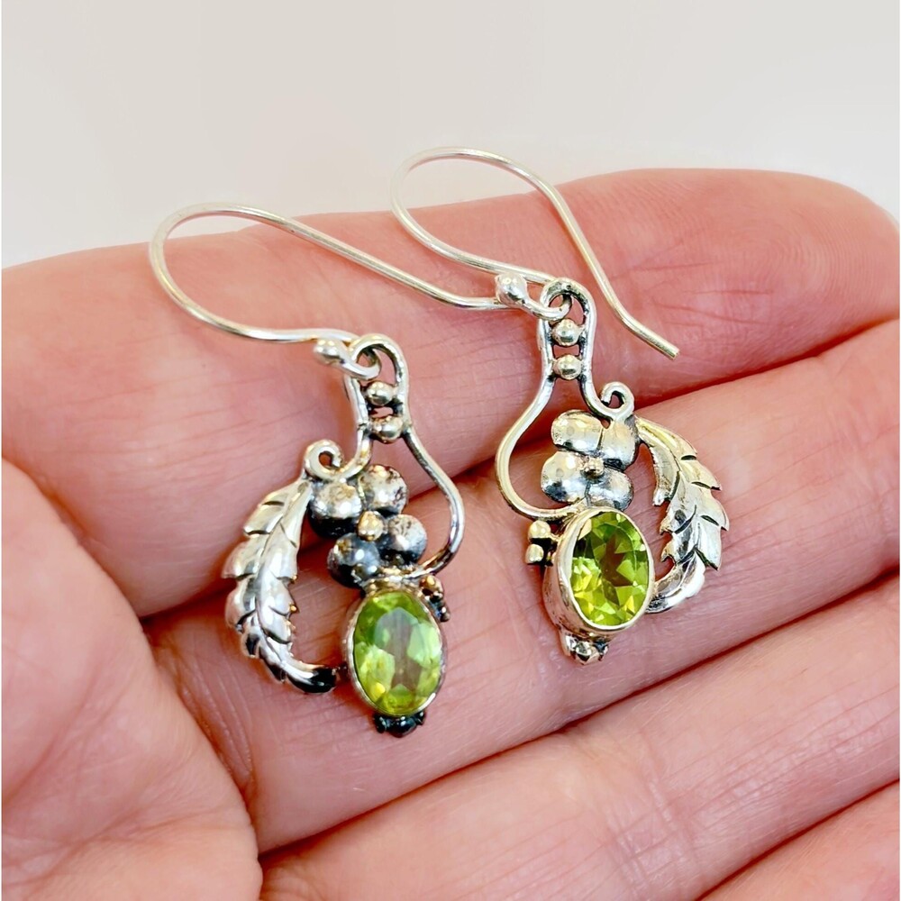 Peridot Earrings, Sterling Silver, Vintage, Flower, Green Stone, Pierced
